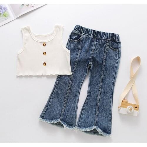 Fashion Summer Kids Girls Clothes Sets 1-6Y Single Breasted Strapless Knit Vest Denim Hole Flare Pants 2Pcs