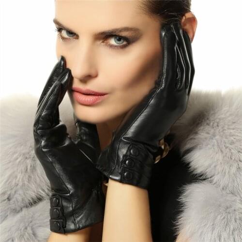 Fashion Autumn Winter Womens Genuine Leather Gloves Female 2020 New Brand Warm Velvet Black Gloves Goatskin Mittens L003NC