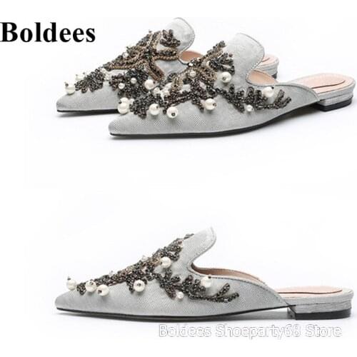 Fashion Pointed Toe Slip On Crystal String Beads Slippers Women Flats Zapatos Mujer