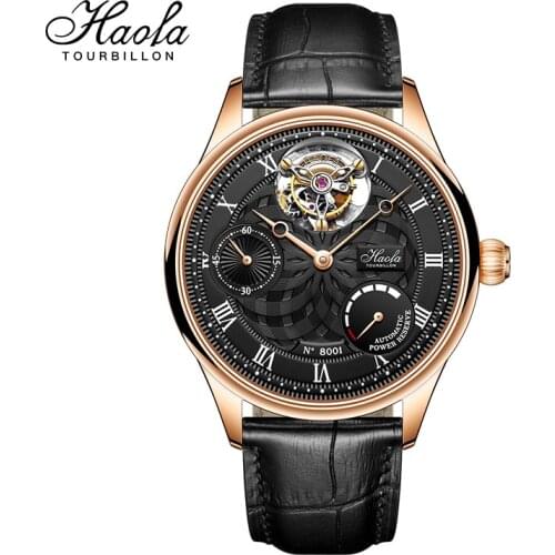 Faofa Mens Automatic Tourbillon Skeleton Watch Men Sapphire Mechanical Hollow Power Reserve Black Wristwatches Orologio uomo