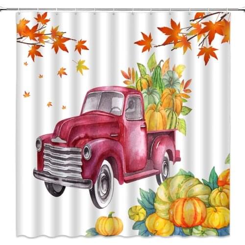 Fall Farmhouse Car Shower Curtains Farm Truck Pumpkin Maple Leaf Autumn Scenery Pattern Bathroom Decor Cloth Hanging Curtain Set