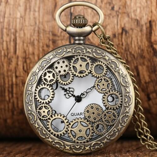 Retro Antique Copper Steampunk Hollow Bronze Gear Hollow Quartz Pocket Watch Pendant Clock Chain Mens Womens Necklace Watches