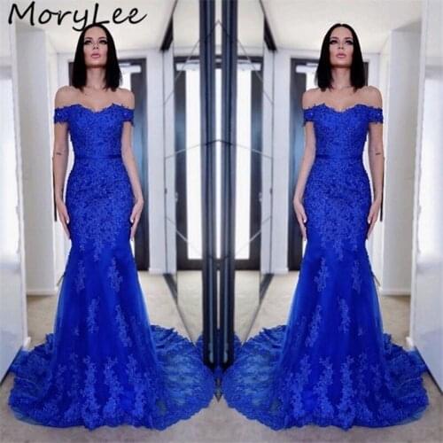 Luxury Evening Dresses 2020 Off The Shoulder Sweep Train Soft Tulle Lace Crystal Evening Dresses vestidos de fiesta de noche