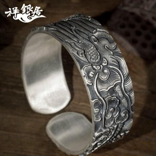 Silver bracelet s999 foot Silver Mens ancient method silver bracelet original dragon pattern relief technology