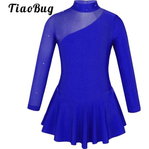 TiaoBug Kids Teens Rhinestones Tulle Long Sleeves Figure Skating Dress Ballet Gymnastics Leotard Girls Performance Dance Costume