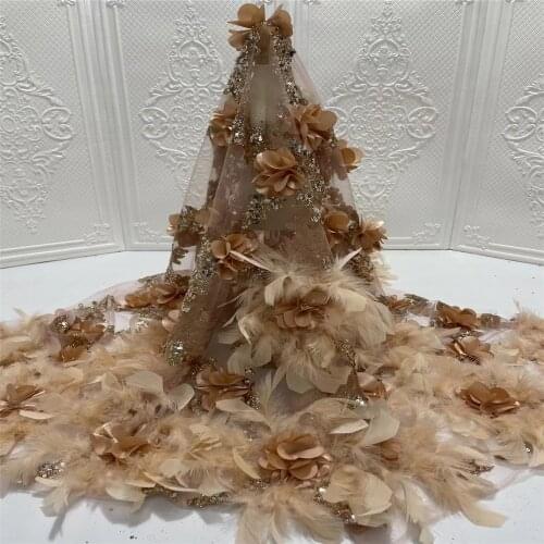 High-end Feather Embroidery African Tulle lace fabric 2021 3D Flower Mesh fabric High Quality French lace for Wedding Dress