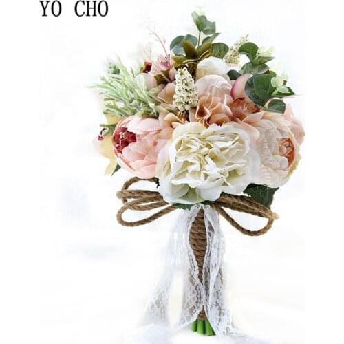 YO CHO Wedding Bouquet Artificial Roses Peonies Silk Flowers Pink White Wedding Bridal Bouquets Bridesmaids Mariage Accessories