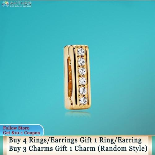 Ahthen 925 Sterling Silver Golden Timeless Sparkle Clip Charm fit Original Pandora Reflexion Bracelets Women Jewelry Girl Gift