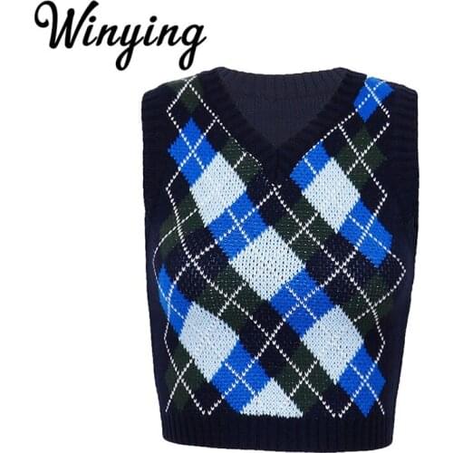 Women Vintage Argyle Plaid Knitted Sweaters V Neck Sexy Crop Vest Casual Streetwear Pullover Knitwear Preppy Style Y2K Tank Tops