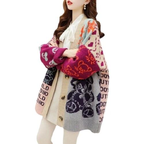 Oversized Knitted Cardigan for Women 2021 Autumn Winter Cartoon Print Long Sleeve Sweater Cardigan Female Streetwear Coat