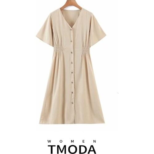 TMODA1348 2021 Summer Za Women Kahki Dress Short Sleeve V Neck Dresses A-line Sundress Casual Button Ruffle Vestidos