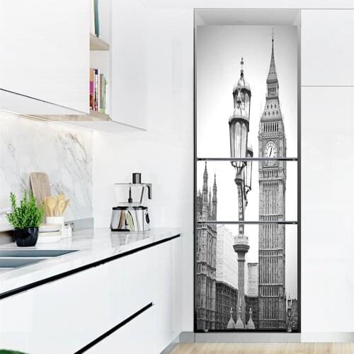 Big Bell Tower Vinyl Full Fridge Sticker Door Cover Self Adhesive Black White Refrigerator Wallpaper Stickers Decals Art Murals