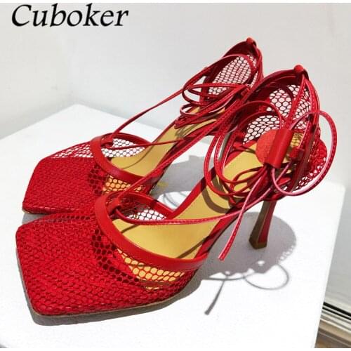 Brand Designer Women High Heel Sandals Square Toe Ankle Strap Summer Runway Sexy Lace Up Party Dress Shoes For Women