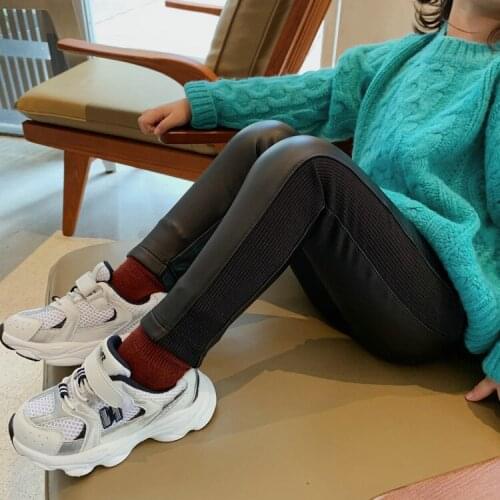 Girls Cargo Pants Winter Kids Thick Velvet Trousers Pencil Pants Children Warm Trousers Faux PU Leather Skinny Pants for Girls