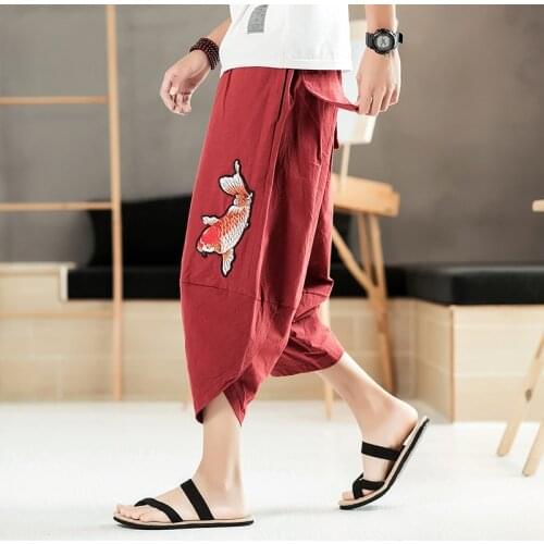 Streetwear 2020 Summer Men Sweatpants Cotton Linen Embroidery Loose Harem Jogger Pants Casual Loose Trousers Dropshipping
