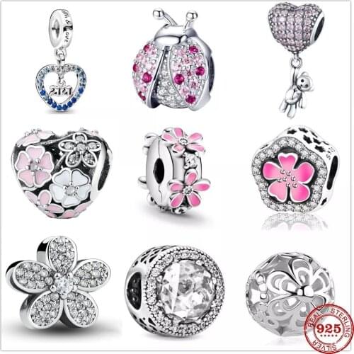 2021 New 925 Sterling Silver Daisy Flower Clip Bear Ladybug Pendant DIY Fine beads Fit Original Pandora Charm Bracelet Jewelry