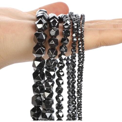 Natural Stone Beads Large Faceted Black Hematite Loose Spacer Beads for Jewelry Making Bracelets DIY Accessories 2/3/4/6/8/10MM