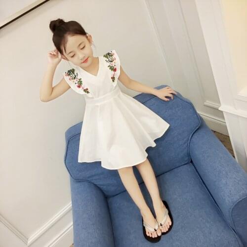 White Navy Girl Kids Summer Dress Flowers Embroidery Princess Dresses For Girls Children Clothes Outfits