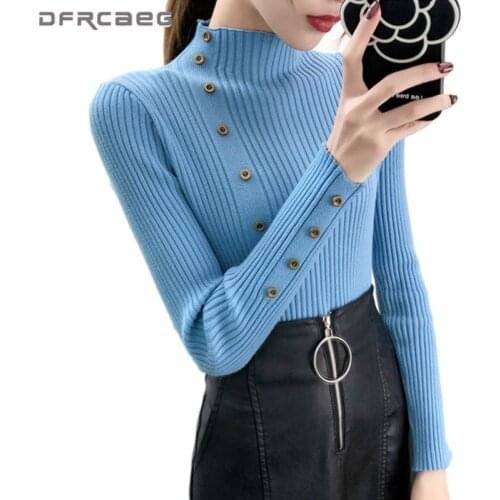 Elastic Solid Knitwear Turtleneck Sweaters For Women 2020 Casual Long Sleeve Button Slim Pullovers Knitted Tops Woman