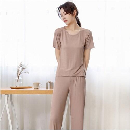 Fdfklak Women Home Wear 2020 Summer Short Sleeved Women Pajamas Set Long Pant Pyjamas Sets Modal 2 Pieces Sleepwear Set
