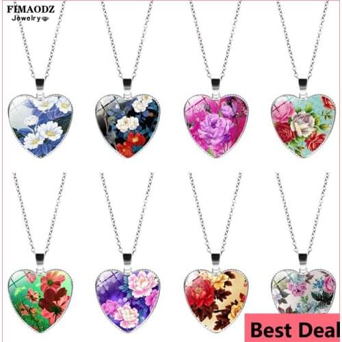 FIMAODZ Lovely Rose Necklace Flower Art Picture Glass Time Gem Heart Pendant Choker Jewelry Romantic Gift for Friends Girlfriend