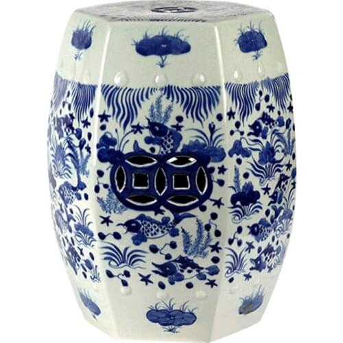 Jingdezhen Ceramics stool Chinese Antique Classical Blue And White Porcelain Stool Eight Party square Bath fish porcelain Stool