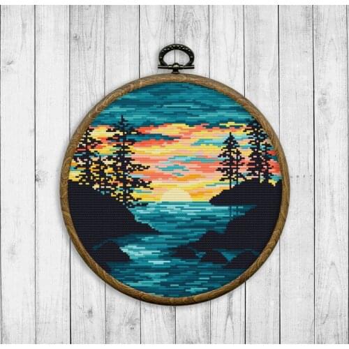 Circular Landscape-Sunset Mountains and Rivers 34-34 Counted Cross Stitch 18CT Cross Stitch Kits Embroidery Needlework Sets