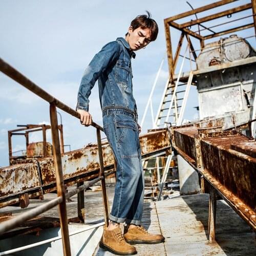 Overalls Japanese Retro Denim jacket Suit men Detachable Tooling Jumpsuit youth Slim Suspenders Men Denim suit men Size M-XXL