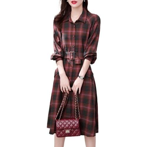 2021 winter new product loose waist two-wear womens dress plaid shirt dress