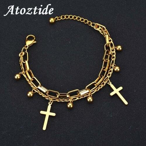 Atoztide Charm Double Layers Cross Bracelets For Women Stainless Steel Adjustable Gold Round Chain Bracelets With Beads