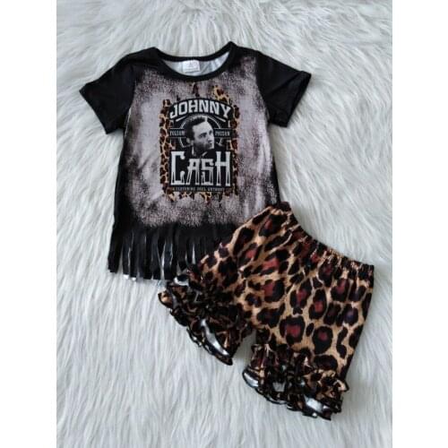 Wholesale Baby Girl Music Fashionable Black Singer Tassel Shirt Leopard Ruffle Shorts Outfit Children Sets Boutique Kids Clothes