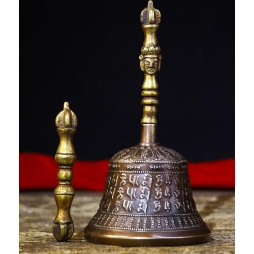 Home Decor 7" Tibet Buddhism Old Bronze Statue of Mahakala Skull Bells Vajra set Old rattle Exorcism Ward off evil spirits