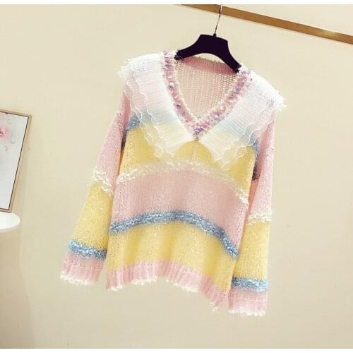 2021 Autumn/Spring Sweaters Women Long Sleeve V-Neck Knitted Sweater Femme Rainbow Color Thin Mesh Patchwork Sweater Streetwear