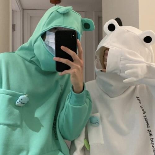 Unisex Long Sleeve Oversized Sweatshirt Harajuku Cute Frog Eyes Hoodies Letters Stuffed Toys Decor Tunic Top with Pocket