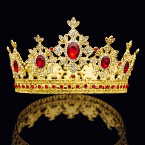 Baroque Royal Queen King Tiara Crown for Male Wedding Hair Jewelry Red Crystal Round Diadem Gold Head Accessories Bride