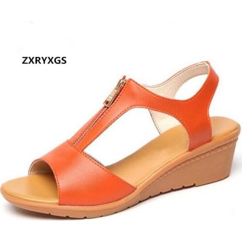 2020 Soft Comfortable Women Summer Sandals Plus Size Non-Slip Flat Wedges Sandals Summer Women Sandals Genuine Leather Shoes
