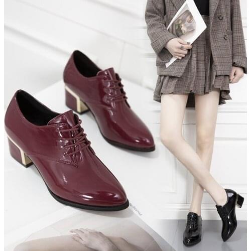 Plus Size 35-43 Women Dress Shoes Pointed Toe High Heels Lace Up Patent Leather Shoes Pumps Ol Office Ladies Shoes Black 9115N