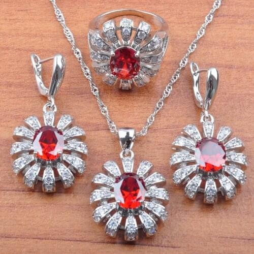 Shining Red Cubic Zirconia Silver Color Jewelry Set Bridal jewelry Women Earrings Necklace Pendant Rings JS091