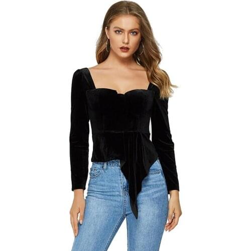 2020 Women Long Sleeve Sexy Backless Square Collar Shirts Ladies Designer Vintage Blouses Spring Retro Boutique Velvet Tops