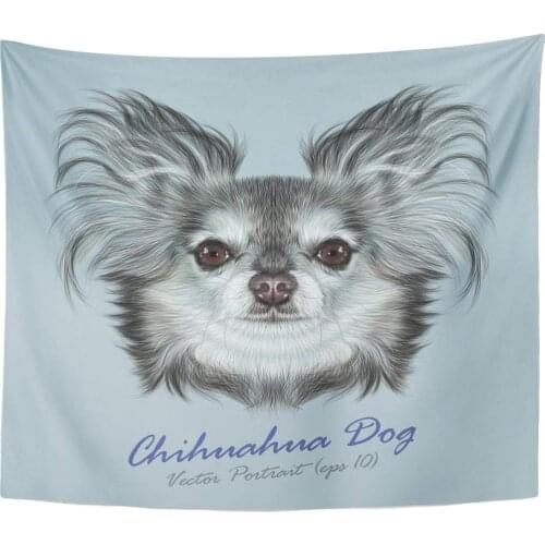 Black Animal Illustrative Portrait of Chihuahua Dog Cute Pure Breed on Blue Brown Face Tapestry Home Decor Wall Hanging