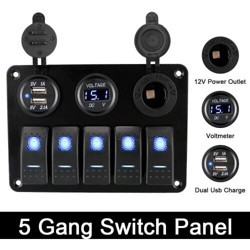 Digital Voltage 5 Gang LED Rocker Switch Panel With Fuse Waterproof 12/24V Outlet Combination Dual USB Slot Socket