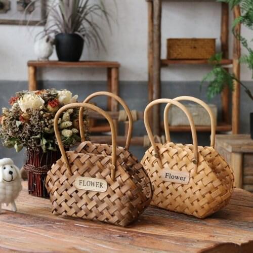 Garden Wood flower baskets, handbag style flower baskets, wood Handmade weaving Crafts, home decoration tabletop flower baskets