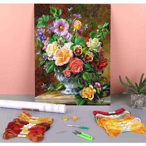 Flowers Printed Canvas 11CT Cross Stitch Embroidery Full Kit DMC Threads Sewing Handmade Painting Needlework Magic Mulina