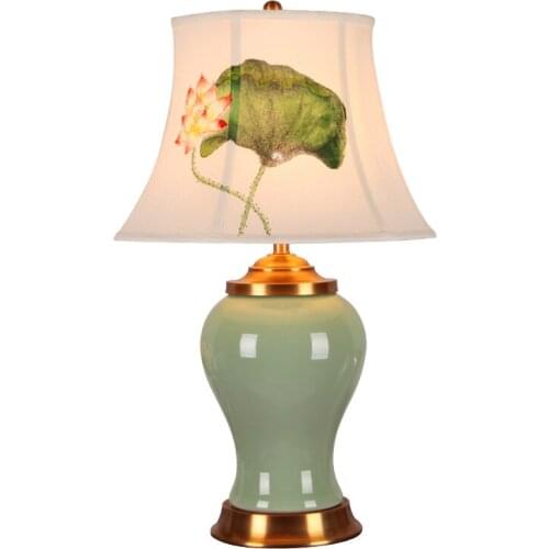 Classical Elegant Creative Hand Painted Lotus Chinese Ceramic Led E27 Dimmer Table Lamp For Living Roombedroom Bedside H 66cm