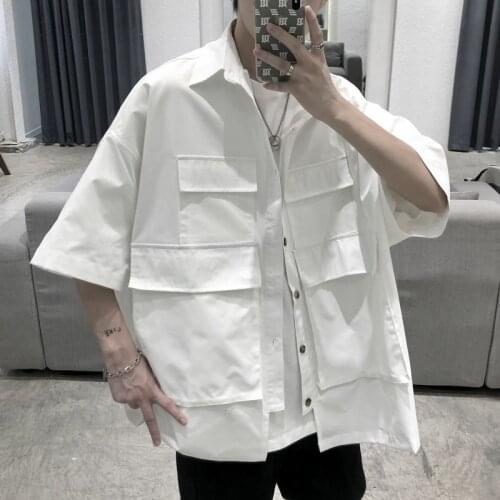 Summer Pocket Shirt Mens Fashion Black White Casual Shirt Men Streetwear Korean Loose Short Sleeve Shirts Mens M-XL