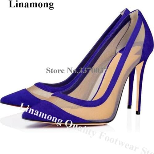 Linamong Women Elegant Blue Suede Patchwork Mesh Stiletto Heel Pumps Slip-on Pointed Toe Lace High Heels Formal Dress Shoes