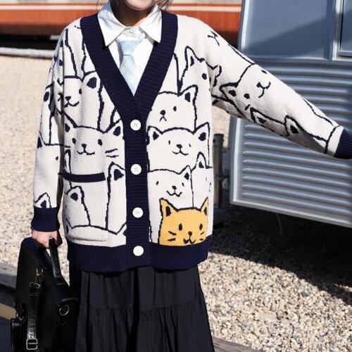 Harajuku Sweet Cartoon V-neck Jacket Top Cute Cat Brown Vintage Sweater Kawaii fashion casual cardigan Y2K Long Sleeve Loose Top