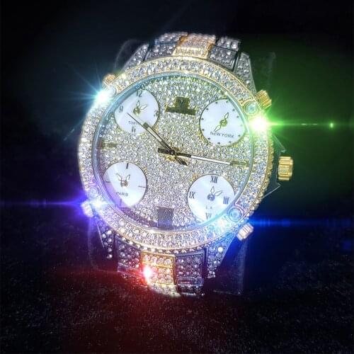 MISSFOX Big Round Dial Men Watch High-end Iced Out Gold And Black Gentleman Watches Stainless Steel Hiphop Fashion Watch Man