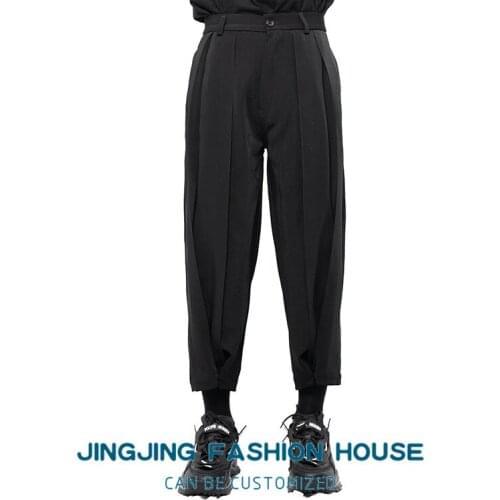 S-6XL!!2021 Mens Casual Pants Nine Cent Pants Closed Small Foot Pleated Pants Samurai Pants Black