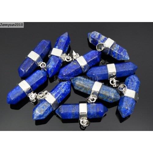 Natural Lapis Lazuli Gems Stones Horizontal Hexagonal Pointed Reiki Chakra Pendant Beads Necklace Jewelry 10Pcs/Pack